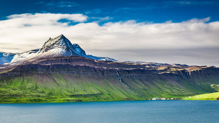 Volcanic mountain over fjord, Iceland - obrazy, fototapety, plakaty