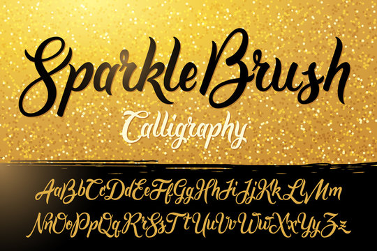 Calligraphic brushpen font with golden sparkles background