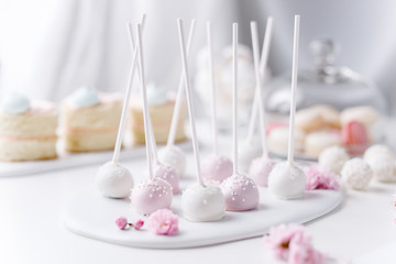 Decorated pink and white small naked cakes, cup cake rustic style for weddings, birthdays and events