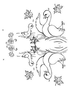 Duck and duckling are reflecting in the lake. Black and white vector illustration