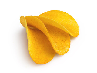 Fototapeta na wymiar Tasty potato chips crunchy snacks isolated on white background