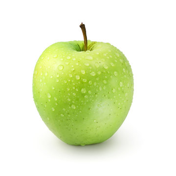 Fresh green apple covered with shiny water drops isolated on white background
