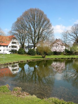 Fr&uuml;hling mit blauem Himmel und Sonnenschein am Meierteich an der Sudbrackstra&szlig;e im Stadtteil Schildesche in Bielefeld im Teutoburger Wald in Ostwestfalen-Lippe