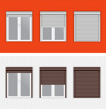 Windows with Rolling Shutters. White and red brick walls.