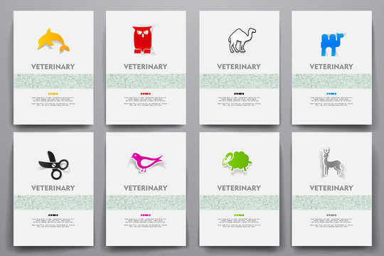 Corporate identity vector templates set with doodles veterinary theme