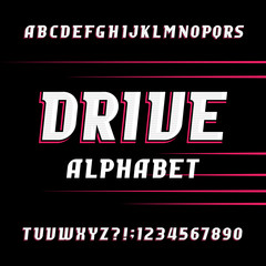 Drive alphabet vector font. Oblique letters and numbers. Stock vector typeface for your design.