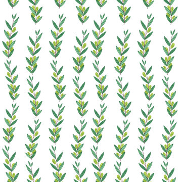 Seamless watercolor pattern with olive branches.