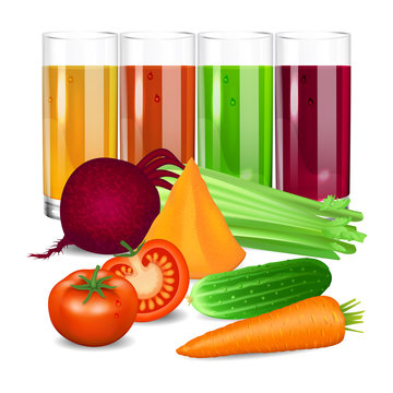 Vegetable juices. Cucumber, tomato, carrot, pumpkin, beet