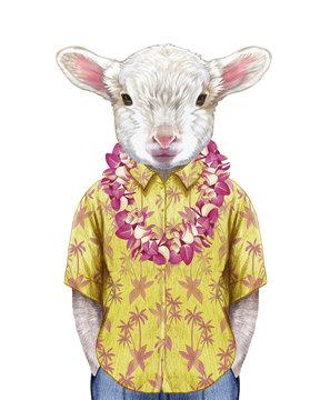 Portrait of Lamb in a summer shirt with Hawaiian Lei. Hand-drawn illustration, digitally colored.