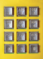 Old button number public telephone, Close up image