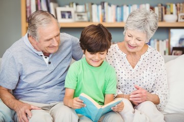 Grandparents assisting grandson while reading book