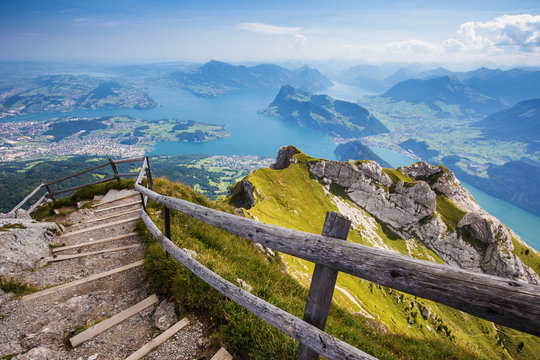 Beautiful view to Lucerne lake (Vierwaldstattersee), mountain Rigi and Buergerstock from Pilatus, Swiss Alps, Central Switzerland