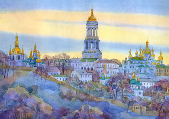 Obraz premium Watercolor cityscape. Monastery on steep hill in winter evening