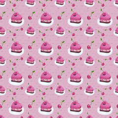 Seamless cherry pie pattern. Sweet cherries on pink background. Hand painted food elements.