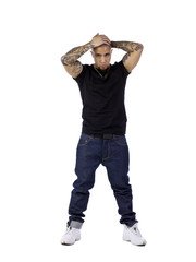 young man with hands on head.