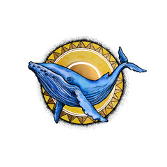 Watercolor whale and the sun
