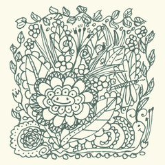 Hand drawn doodle garden with flowers and insects