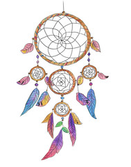 Plakaty  Colorful illustration of a beautiful dreamcatcher with pink, blue and purple feathers isolated on a white background