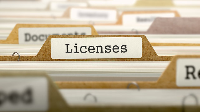 Licenses Concept on File Label in Multicolor Card Index. Closeup View. Selective Focus. 3D Render.