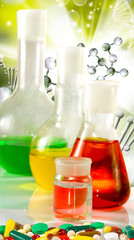Image of laboratory glassware on DNA strand background  close-up