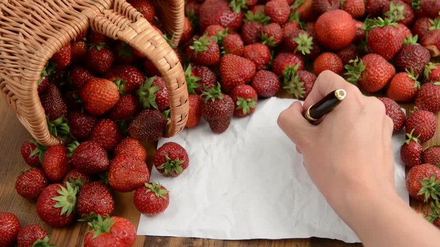 strawberries basket on wooden table. jam making. ghost writing on blank notepaper copy space.