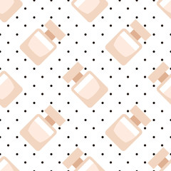 Cute perfume, fragrance bottle seamless pattern on monochrome dotted background. Fashion seamless pattern background.
