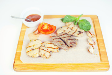 Club Beef steak with pepper sauce and Grilled vegetables on.