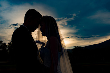 silhouette of wedding couple in beautiful sunset