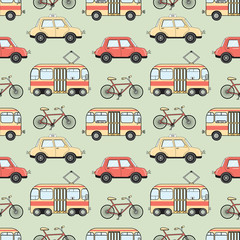 Cartoon style city transport seamless pattern. Bus, tram, car and taxi background. Colorfull vector illustration