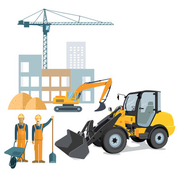 Baustelle mit Radlader und Kran
