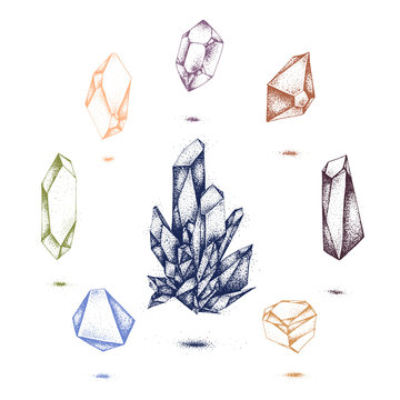 Naklejki Vector Crystal illustrations on white background. Isolated diamond icons for stone logo, jewellery store, beauty logo crystal, luxury emblem template. Jewelry emblem with set of jems.