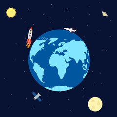 vector illustration. Banner space with planets, rocket, satellite, aircraft. Earth, Saturn, sun, moon. Infographics