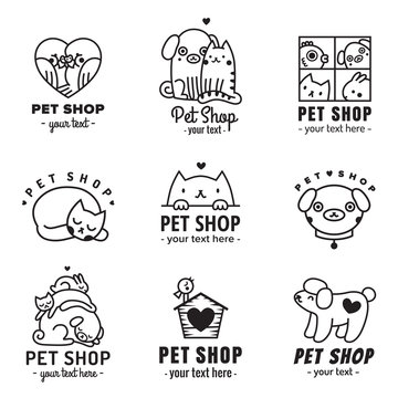 Pet shop cute logos black vector set. Can be used as stickers.