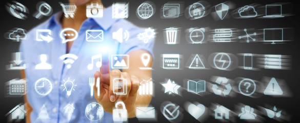 Businesswoman using digital tactile screen interface with web ic
