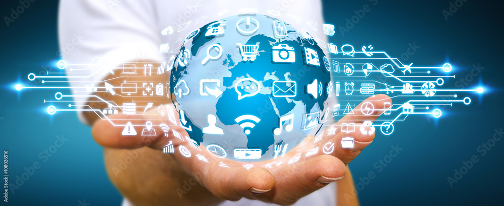 Aufkleber businessman using digital world with web icons