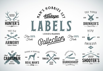 Fototapeta premium Set of Vintage Icons, Labels or Logo Templates With Retro Typography for Mens Hobbies Such as Hunting, Arms, Dog Breeding, Car Repair, etc. 