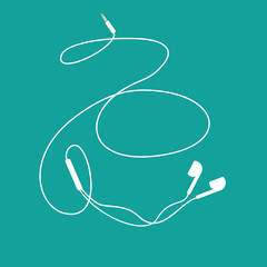 White Earphones on teal colored background.Vector design.