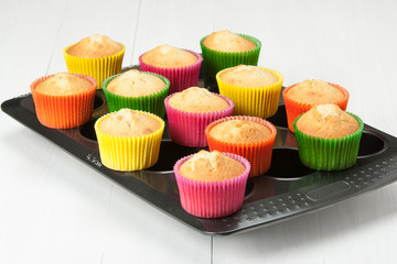 Homemade Colorful Plain Cupcakes On Baking Tray.