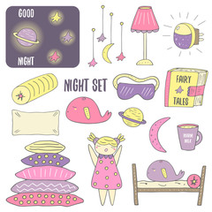 Cute hand drawn doodle night, sleep theme objects collection 