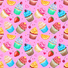 Seamless pattern with watercolor cupcakes.