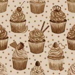 Seamless pattern with watercolor cupcakes.