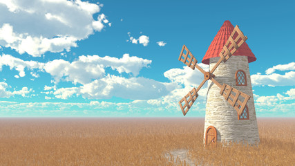 Rural landscape. Wheat field, medieval windmill with a red tile roof, blue sky with white clouds. 3D illustration. © dolennen