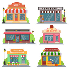 Shops and stores icons set in flat design style. shop, newspaper shop, coffee shop, ice cream shop, flower shop, vegetable and fruit store. Vector illustration