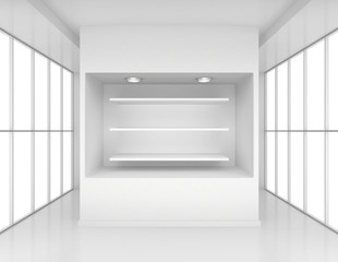 Exhibit Showcases with blank white shelves for
