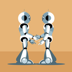 Two silver humanoid robots shaking hands. Digital background vector illustration.