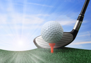 Playing golf. Golf club and ball. Preparing to shot