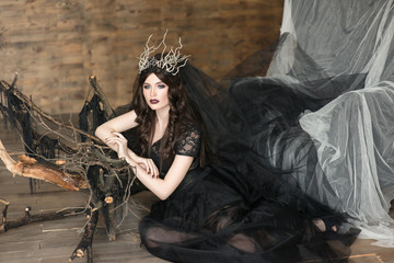 Naklejka premium The portrait of beautiful girl in black dress and crown