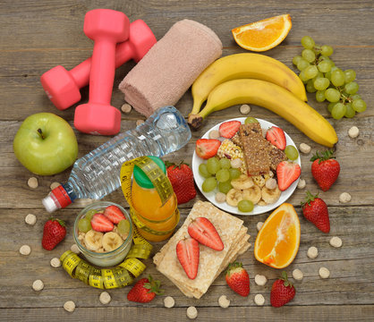 Various fruits on a wooden background