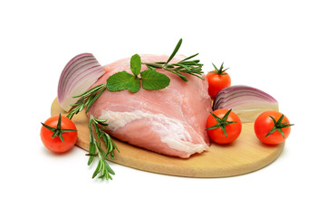 piece of meat, tomato, onion and rosemary on a white background