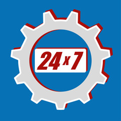 Cog or gear wheel with the numbers 24 x 7 in the middle as a logo for providing a twenty four hour service for seven days a week